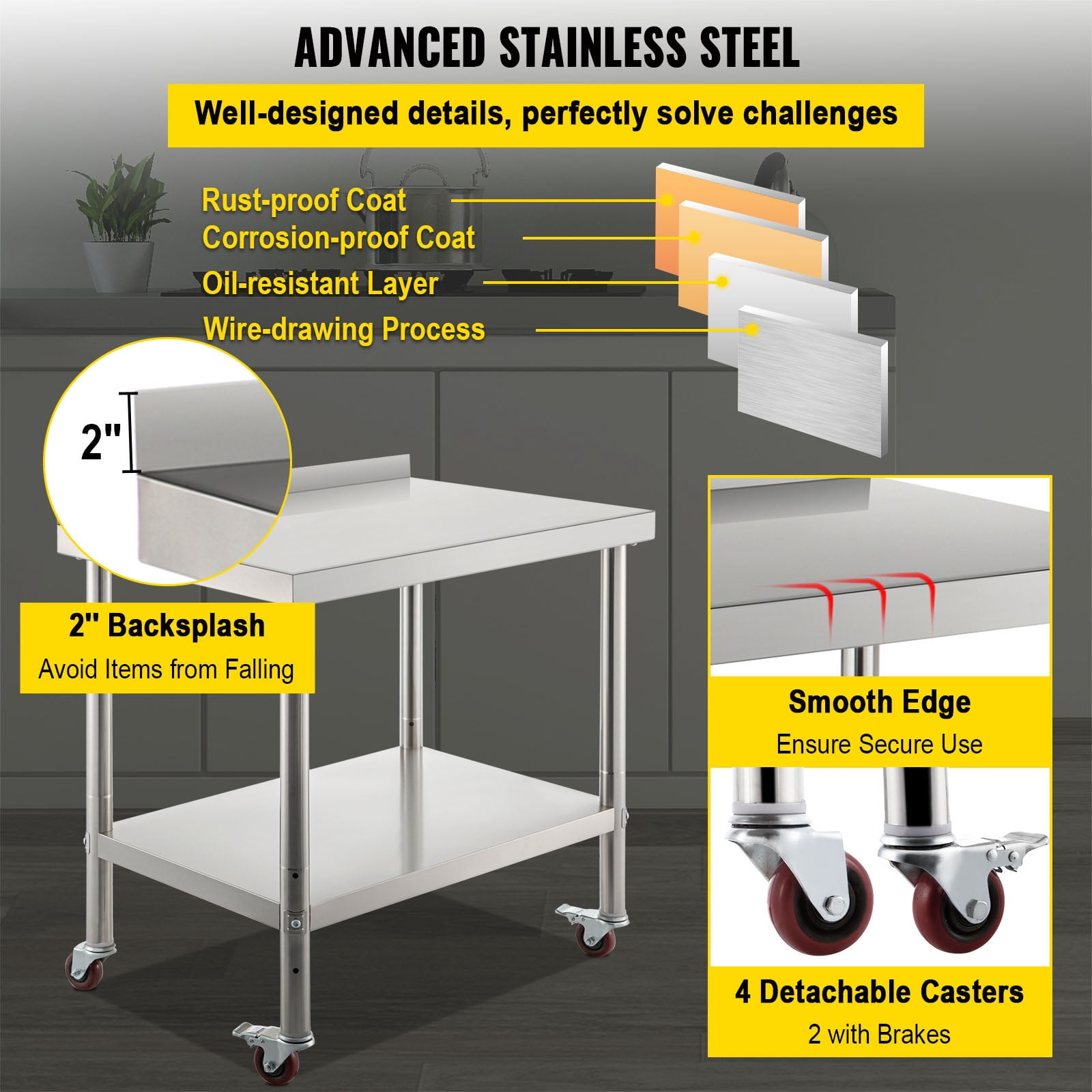 KFFKFF Stainless Steel Adjustable Undershelf and Casters Prep Table, Silver