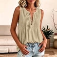 thumbnail image 7 of CYMMPU Women's Sleeveless Crinkle Linen Tank Top, V Neck Pleated Henley Button Front Relax Summer Blouse Beige L, 7 of 7