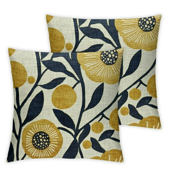 Acheng Navy Blue Yellow Floral Pillow Covers Set of 2 Spring Boho Rustic Art Flower Decorative Throw Pillow Cases Outdoor Farmhouse Decor for Sofa Couch Bed 12x12in
