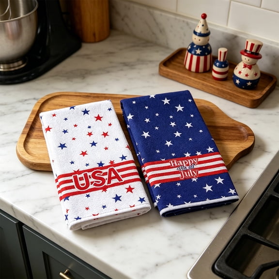 Danhjin 4th of July Kitchen Towels, 2 Pack Patriotic Hand Towels Red White and Blue Absorbent Lint Free