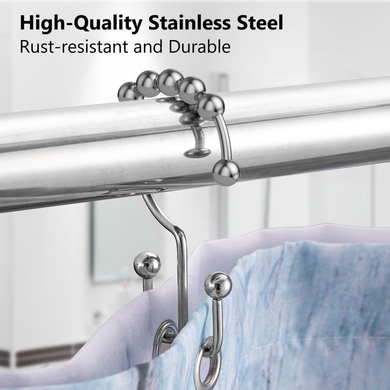 Silver Shower Curtain Rings - 12 Pack, Double Hooks, Rust-Proof, Free Sliding For Curtain & Liner