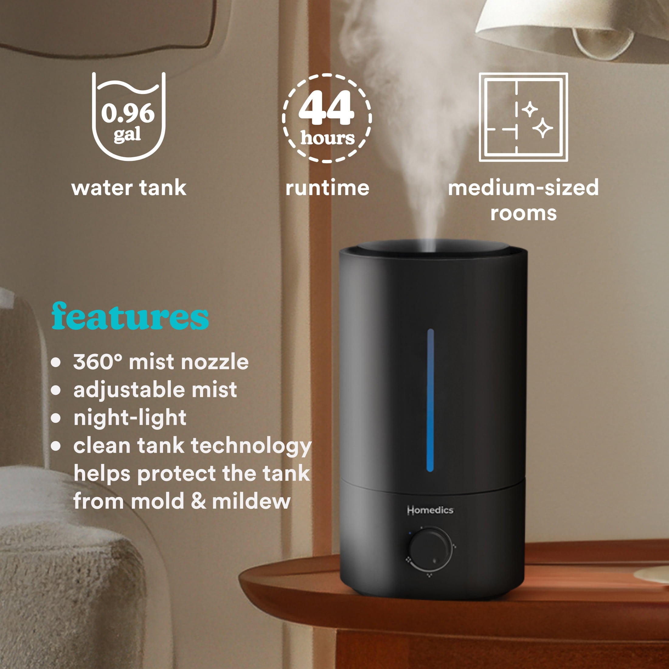 Homedics Ultrasonic Humidifier, Cool Mist, Easy Top Fill with up to 44 Hour Run Time, .96 Gallon, Black