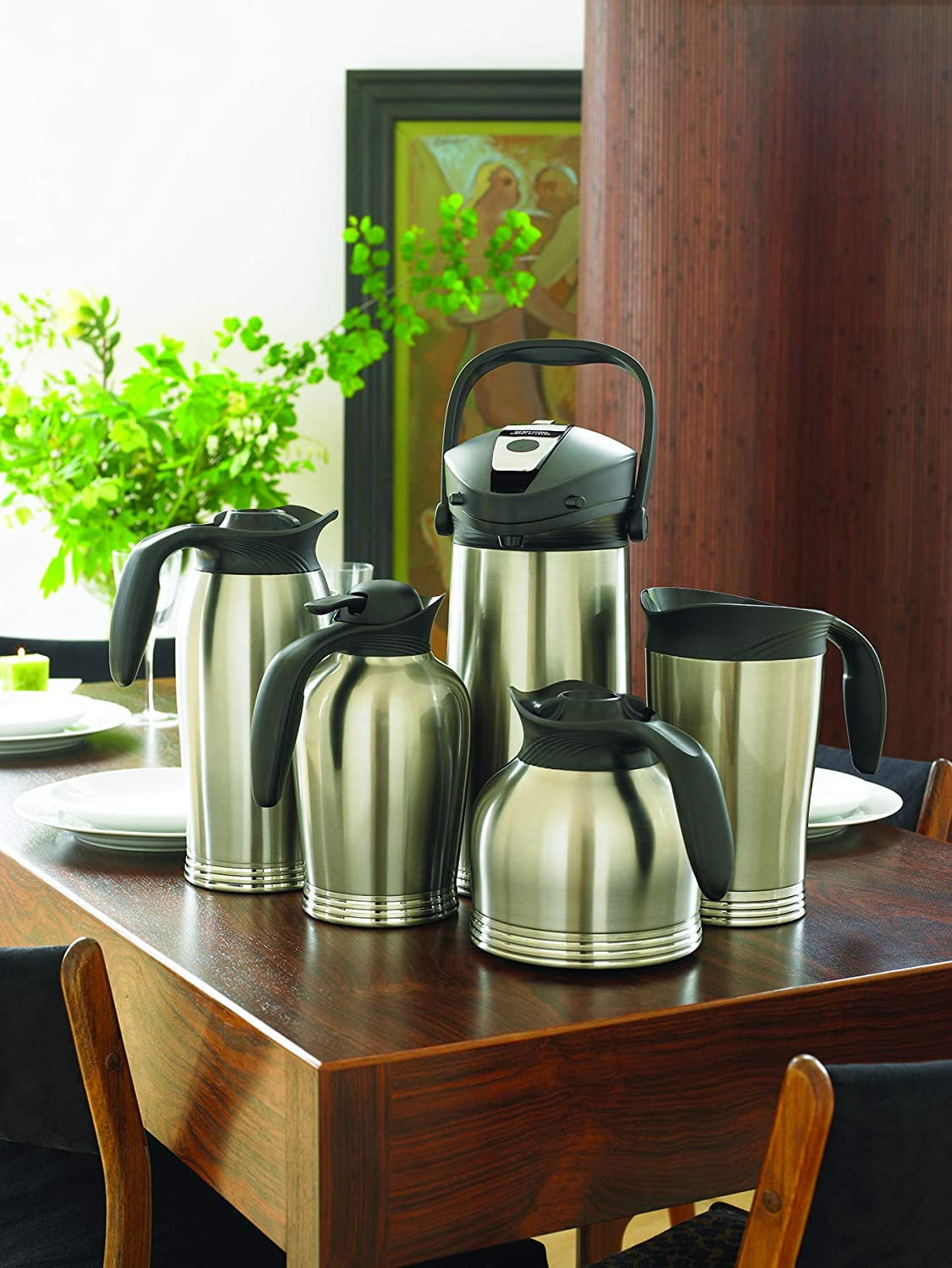 Service Ideas ErgoServ Creamer With ID Socks - 1 Liter Brushed Stainless Steel Coffee Carafe, Insulated & Dishwasher Safe