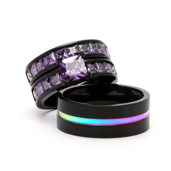His and Hers Wedding Ring Sets Couples Rings Black Gold Plated Square Cz Stainless steel band