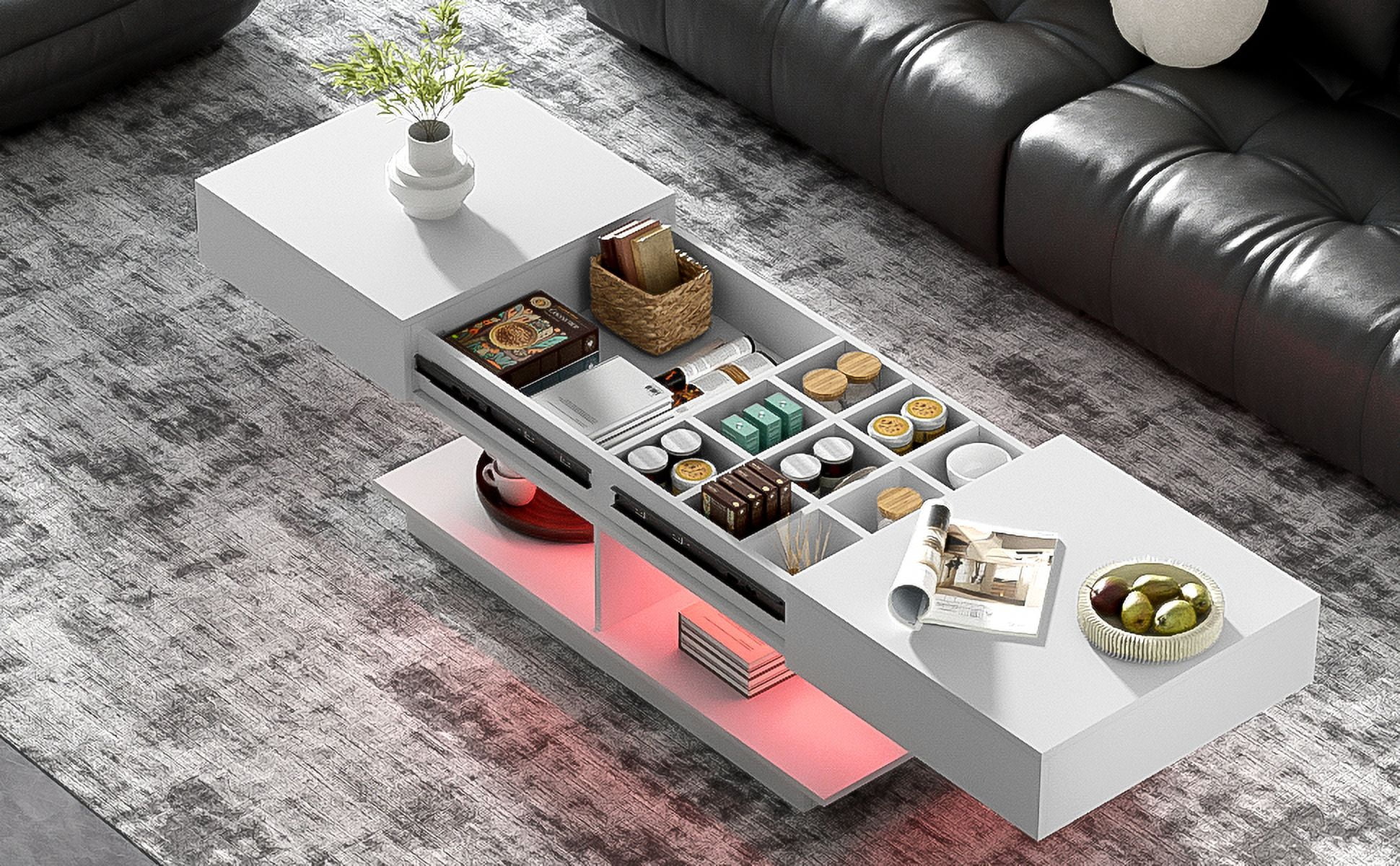 Euroco Modern Extendable LED Coffee Table with Storage and High-Gloss Finish