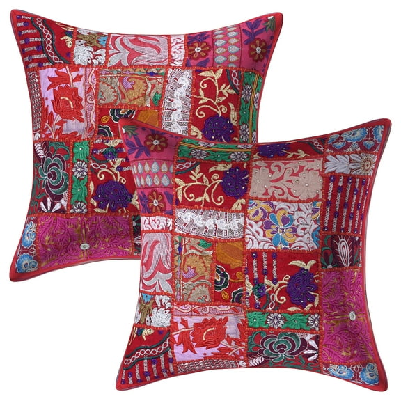 Stylo Culture Ethnic Cotton Decorative Throw Pillow Covers Red 20 x 20 Bohemian Vintage Patchwork Ethnic Sofa Cushion Covers 50x50 cm Home Decor Abstract Square Pillow Cases | Set Of 2