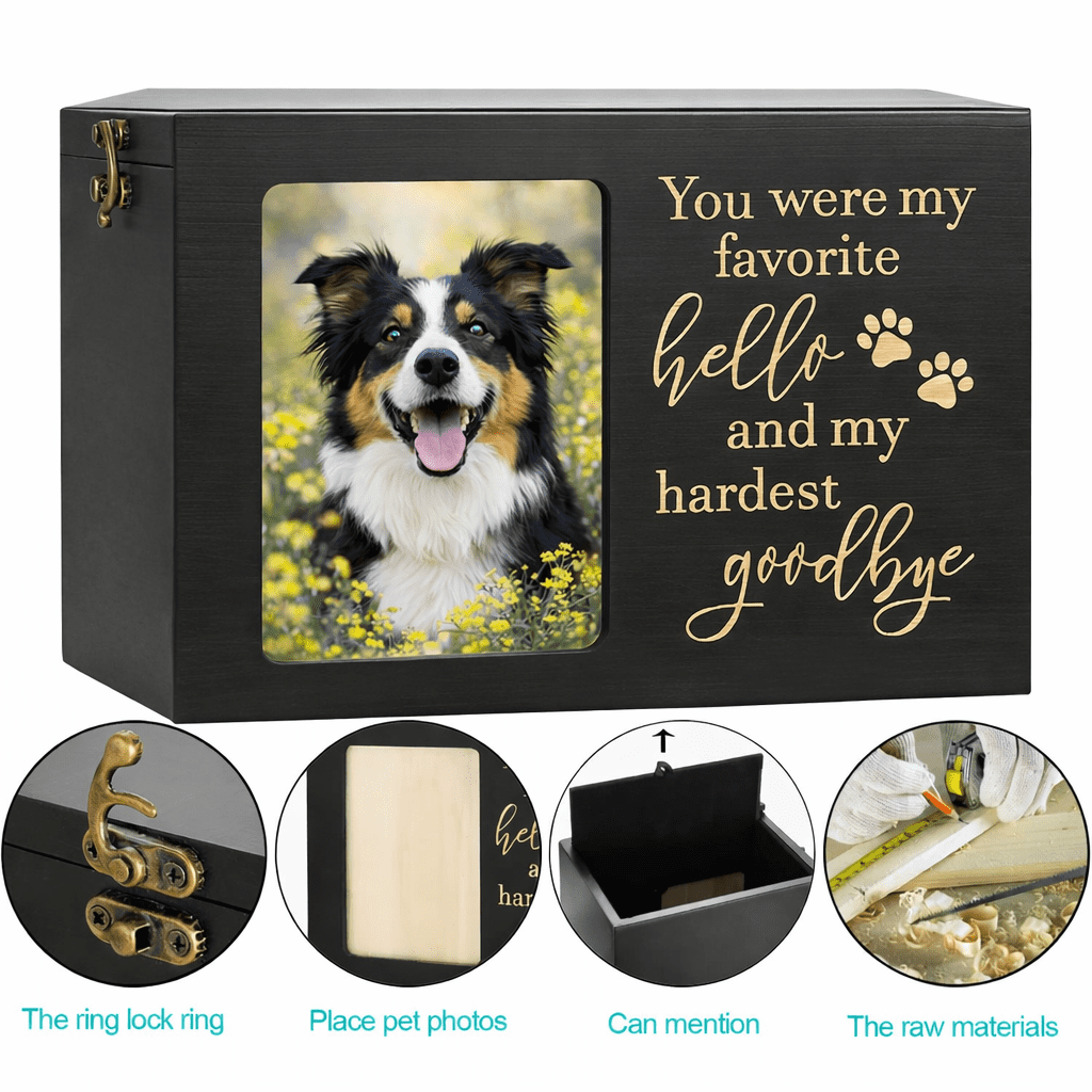 Pet Memorial Urn, Large Wooden Cremation Urn with Photo Frame, Keepsake Memory Box for Dog and Cat Ashes, Black Flannel Lining