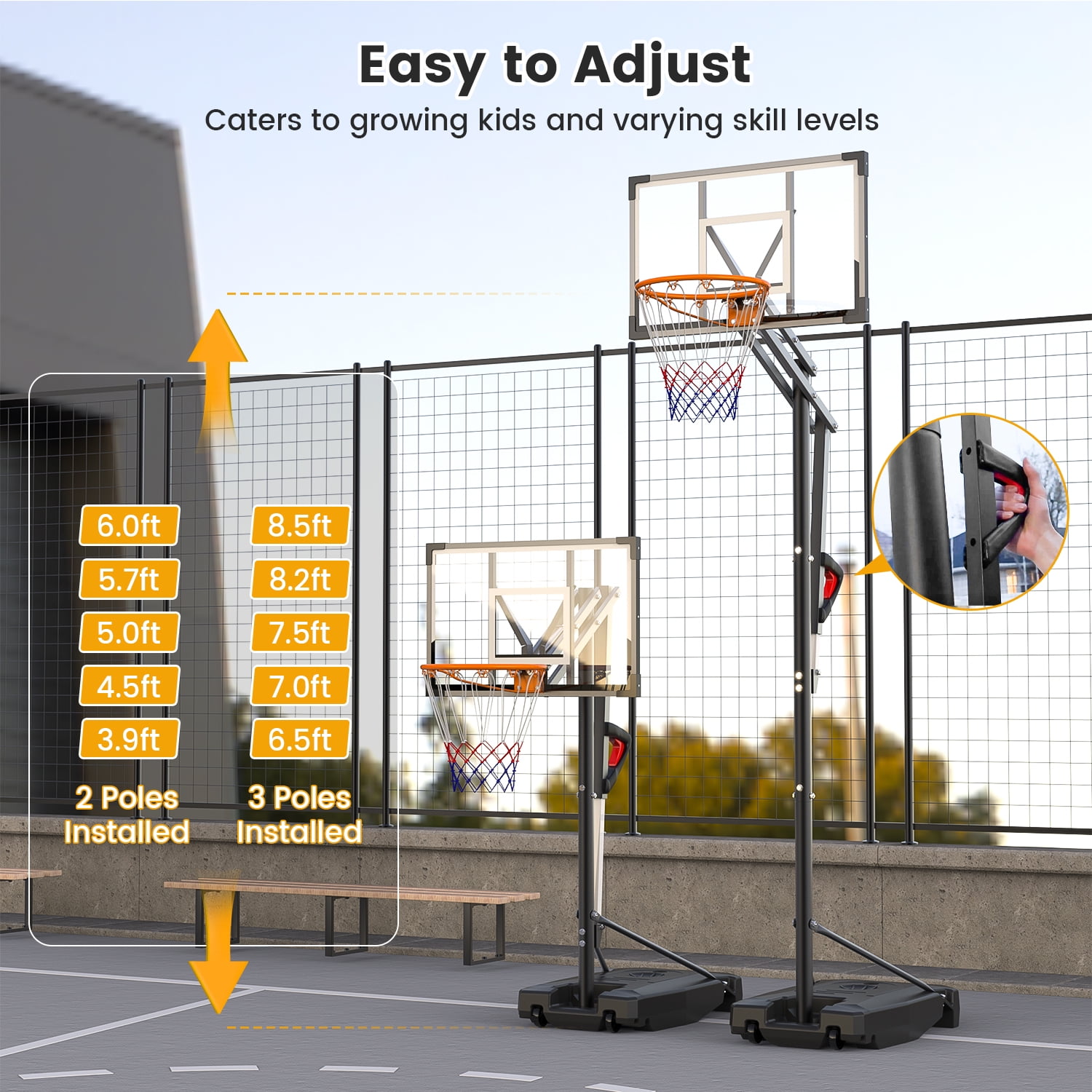 FirstAsk Adjustable Portable Basketball Hoop 3.9-8.5 ft HDPE Backboard for Kids, Outdoor and Indoor Courts