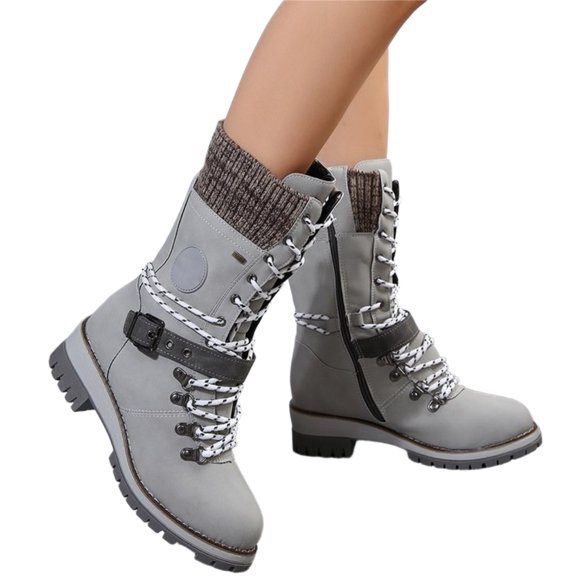 EKVAHL Women's Mid‑Calf Winter Boots, Non‑Slip Faux Suede Lace‑Up Boots, Block Heel Casual Walking Shoes For Cold Weather Gray