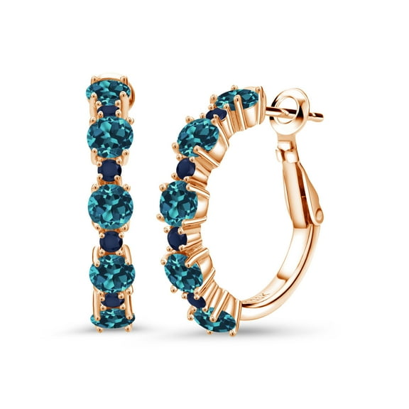 Gem Stone King 18K Rose Gold Plated Silver London Blue Topaz and Blue Sapphire Hoop Earrings for Women (3.65 Cttw, Round 4MM and 1.9MM, Gemstone Birthstone 1 inch Diameter)