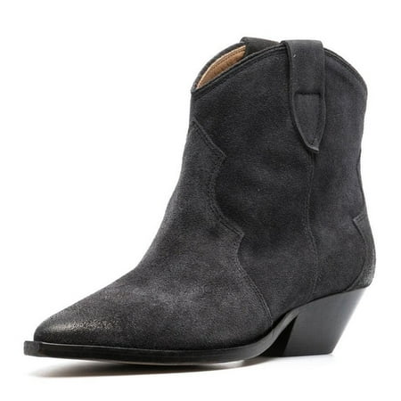 FSJ Women Western Cowboy Cowgirl Stacked Low Heel Short Boots Faux Suede Pointed Close Toe Pull On Retro Ankle Booties Formal Outfit Shoes Size 9.5 Black