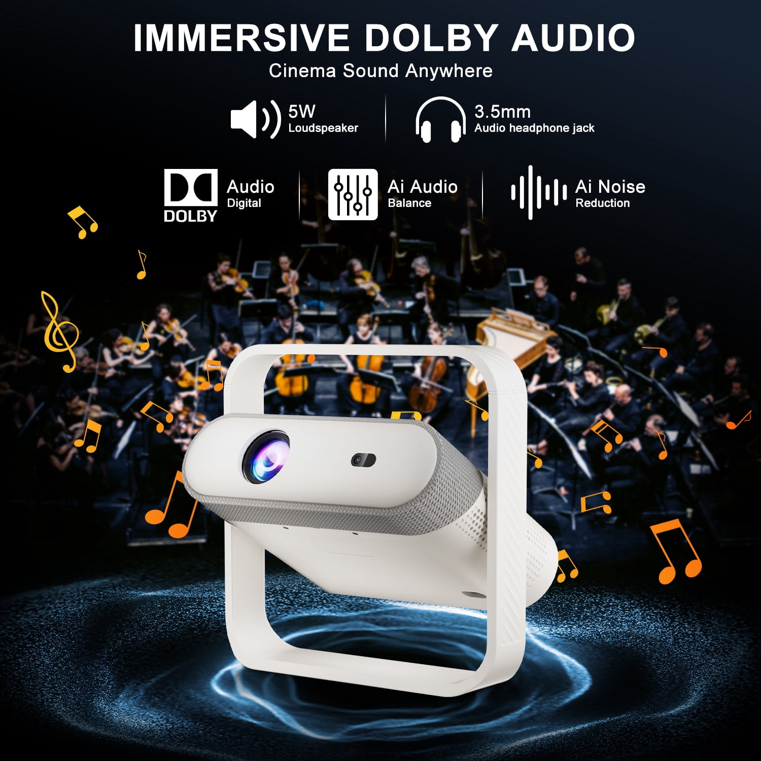 [1200ANSI&Auto Focus] Salange 1080P Full HD Portable Projector with 4K Support, WiFi 6 & Bluetooth 5.4,Built-in Ambient Lighting with Dolby Vision for Home Theater Movies