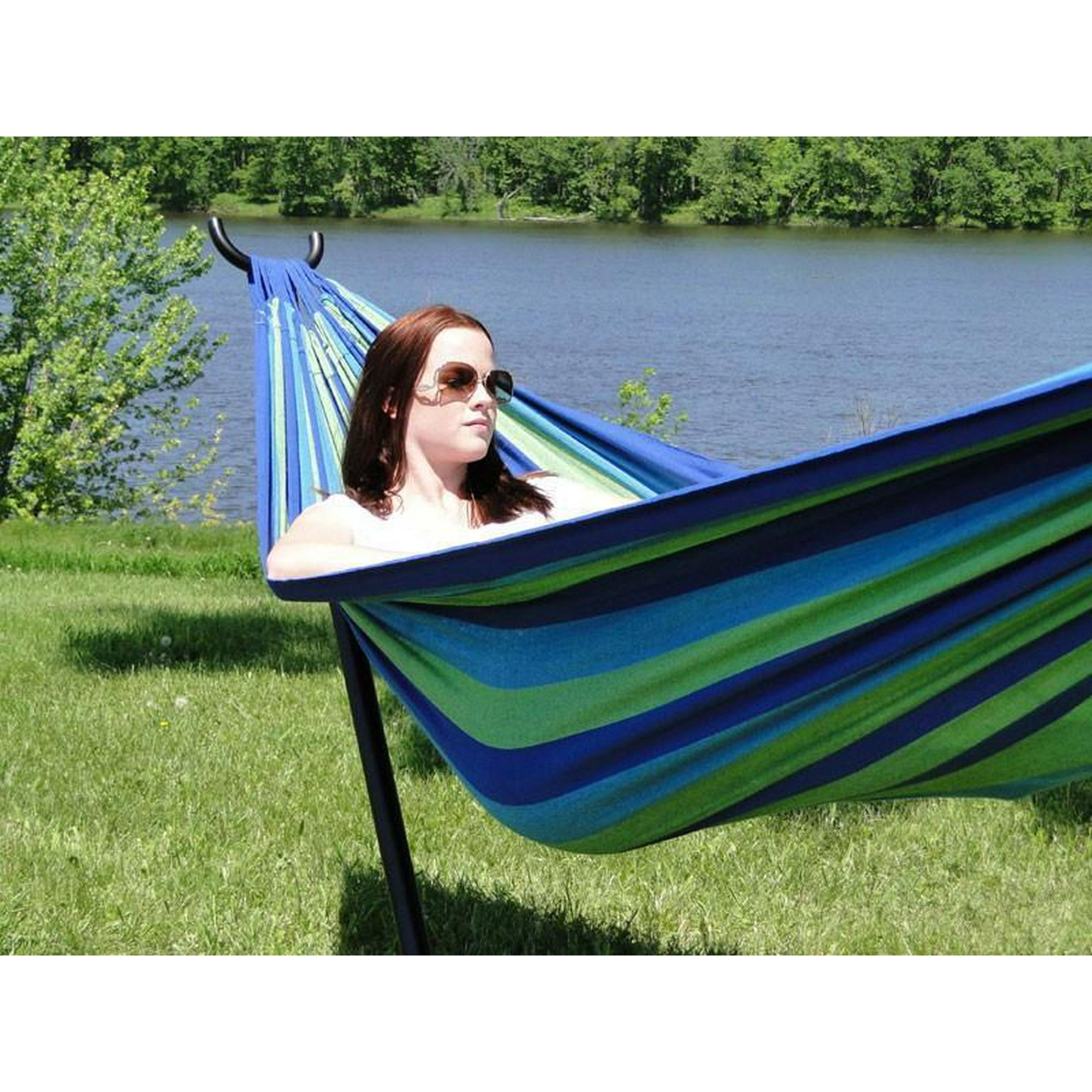 Hammock Universe Deluxe Brazilian Double Hammock With Universal Stand Blue Green