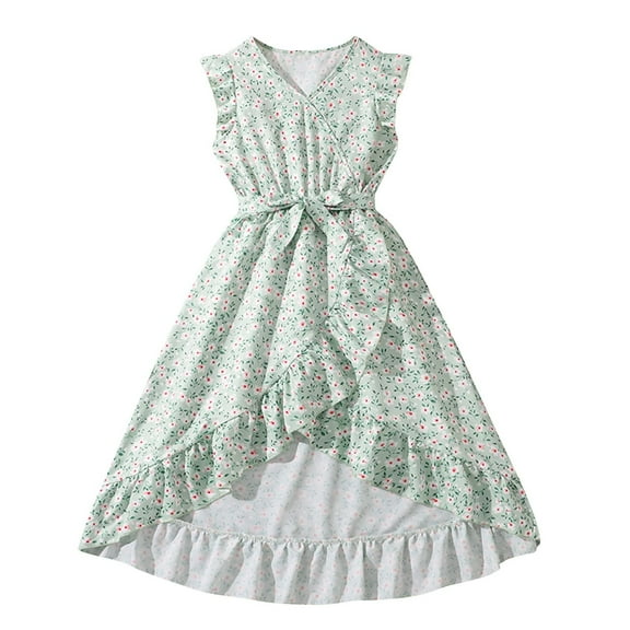 Odeerbi 8-13 Years Kids Girls Summer Floral Wrap Dress Cotton High Low Tank Dress with Belt Two-piece Set Casual Comfortable Ruffle Dress Kids Girls Clothes