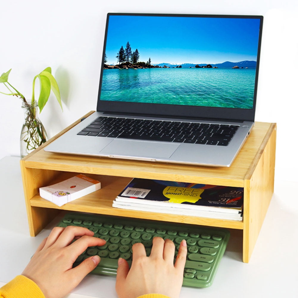 WKWKER 2-Tier Bamboo Monitor Riser Stand Desk Laptop Stand for Workstation Home Office Computer Laptop Printer Stand Natural Color (Flat)