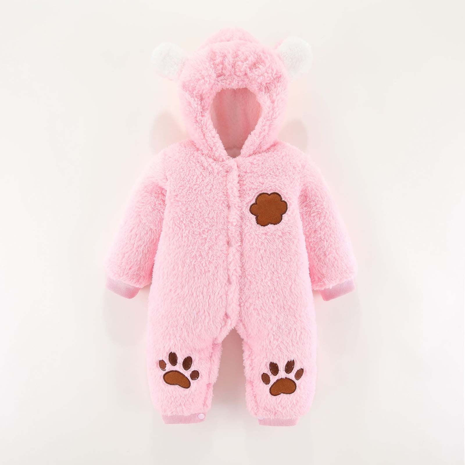 Toddler Fleece Jumpsuit Pink Onesie Baby Girl Long Sleeve Button down Jumpsuit Bear Ears Hooded Baby Snow Suit Newborn Girl Clothes 10-12 months