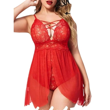 

Capreze Ladies Nightdress Plus Size Chemise Solid Color Teddy Lingerie Sleeveless Women Mini Floral See Through Adjustable Strap Red XL