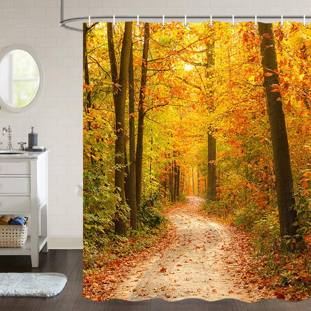 Sunny Autumn Forest Leaf Road Fabric Shower Curtain Bathroom Decor &hooks 72x72" 