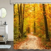 Fall Shower Curtain, Happiwiz Nature Autumn Forest Sunshine Romantic Fall Road in Park Autumn Forest Leaves Foliage, 60X70 inch Fall Stand Up Shower Curtains for Bathroom Decor Set with Hooks