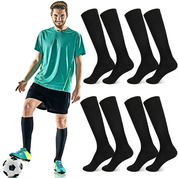 Hengguang 4 Pairs Football Socks Soccer Socks, Athletic Knee High Socks for Men Women, Black Sports Socks with Non-Slip Cuff, Medium Cushion Soccer Baseball Socks, 8in Foot Length, 14in Shaft