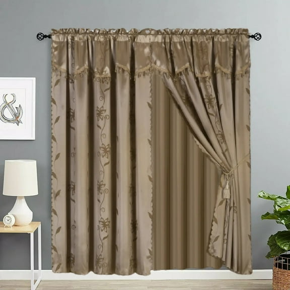 1 Set Nada Taupe color Luxury Faux Jacquard Floral Design Panel, Rod Pocket Window Curtain Set total wide 120" inches Attached Valance, Panel, And Sheer 8 piece
