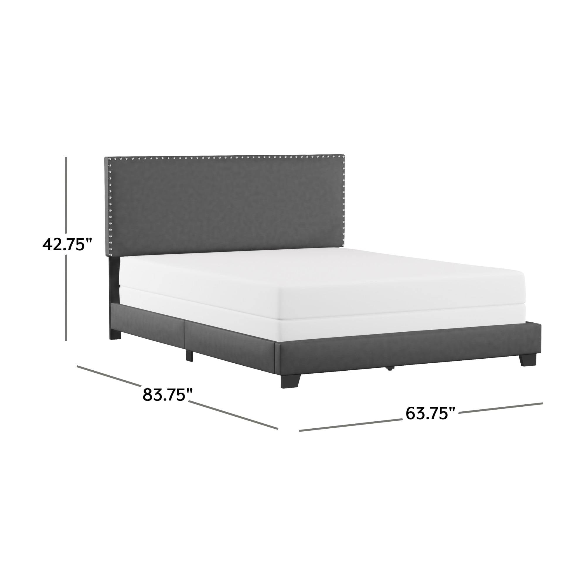 Willow Nailhead Trim Upholstered Queen Bed, Charcoal Faux Leather