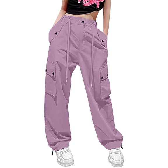 CPNG Girls Casual Baggy Cargo Pants Straight Wide Leg Cargo Pants Loose Elastic Waist Fashion Drawstring Cargo Trousers(Light Violet,11-12 Years)