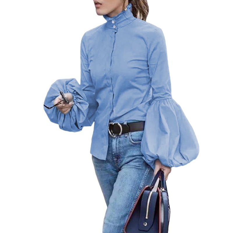 VONDA Women's Puff Sleeve Button Blouse 