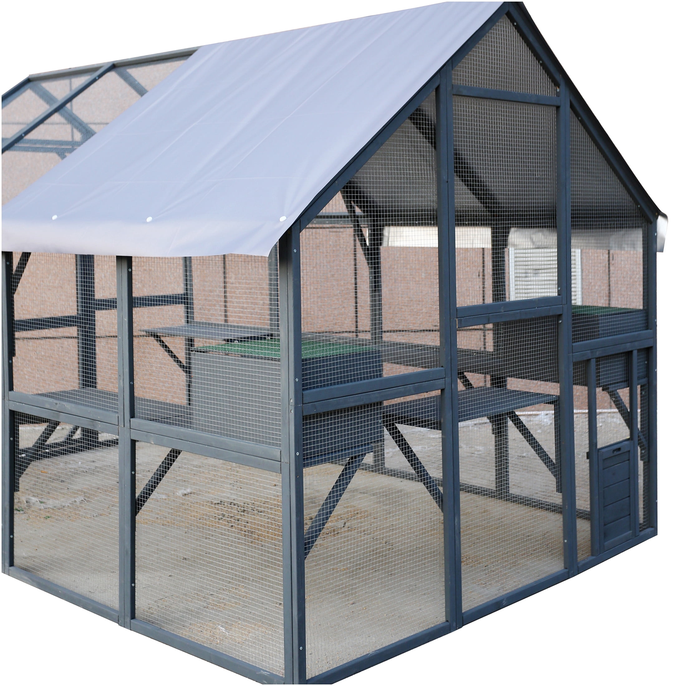 JERFIT Large 110" Outdoor Catio Enclosure with Roof, 2 Bridges & 2 Houses - Gray Wooden Cat Run for Indoor/Outdoor Cats