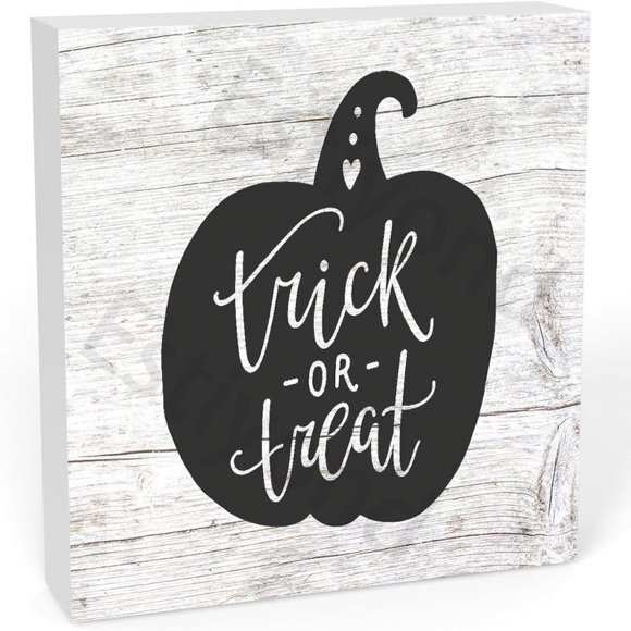 Trick Or Treat Halloween Wooden Box Sign With Saying Desk Decor 5 X 5 Inch Home Office Box Sign Wood Plaque Block Sign Rustic Art Home Office Decor