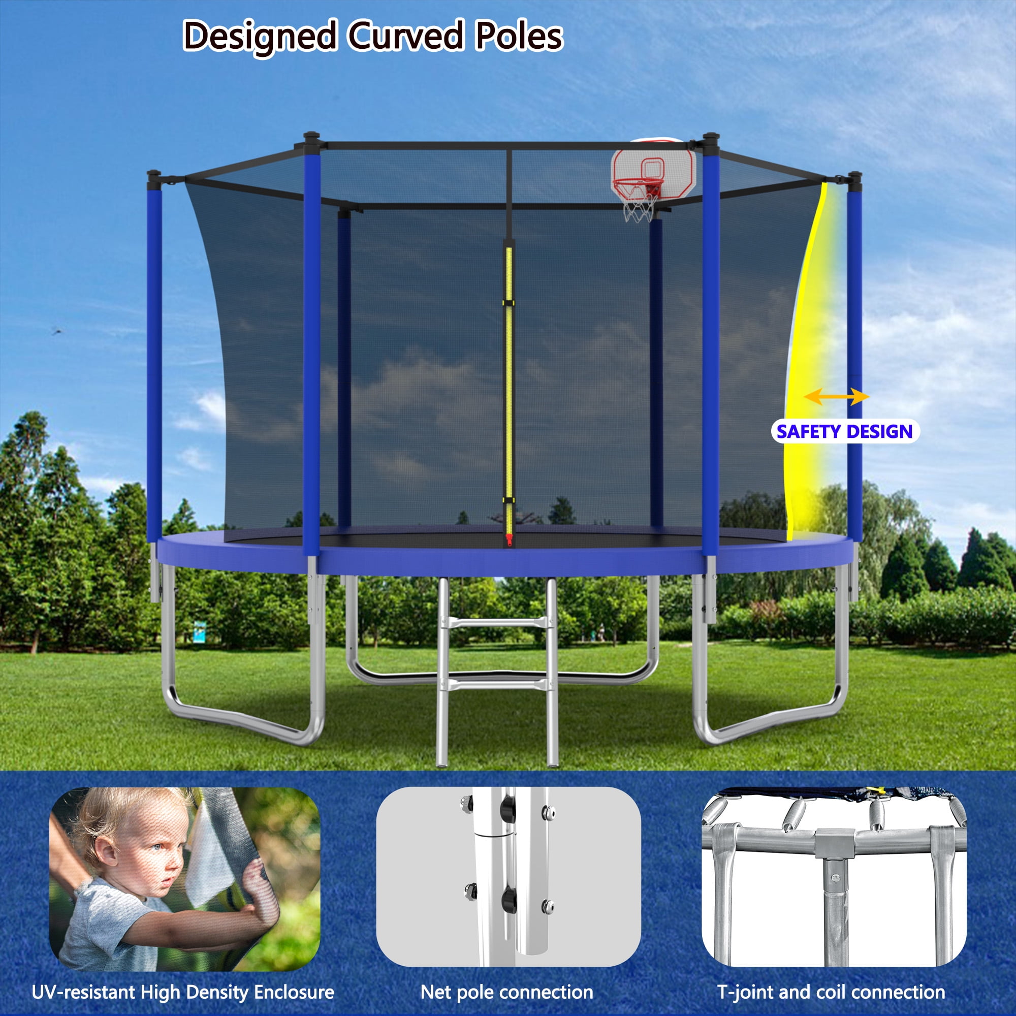 Yoneston 10FT Outdoor Trampoline with Basketball Hoop, 240LBS Round Trampoline with Ladder and Safety Enclosure for Kids and Adults in Backyard Garden, Blue
