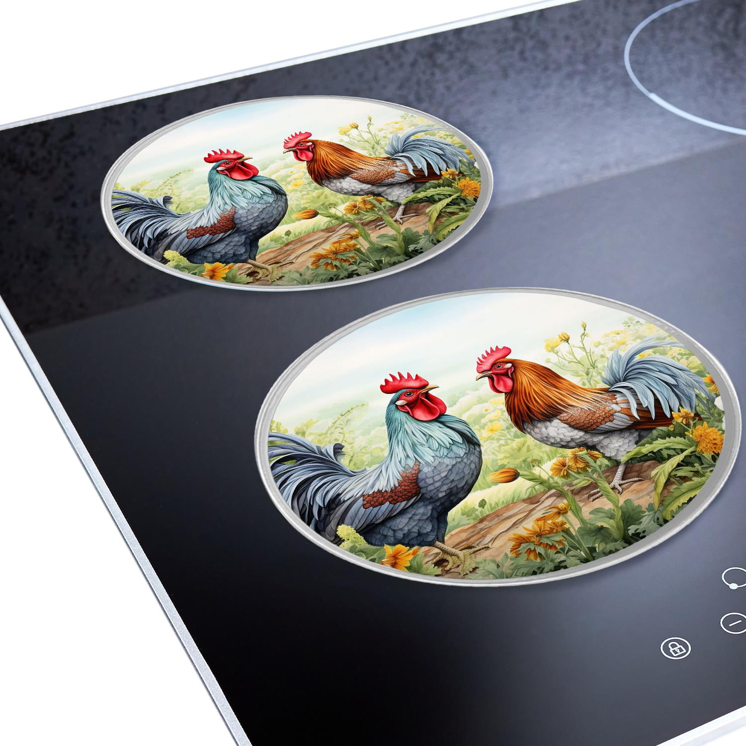Round Stove Burner Covers 4 Pcs Metal Electric Stove Burner Covers 8Inch And 10Inch ,Chicken Rooster Grass Vintage colorful design