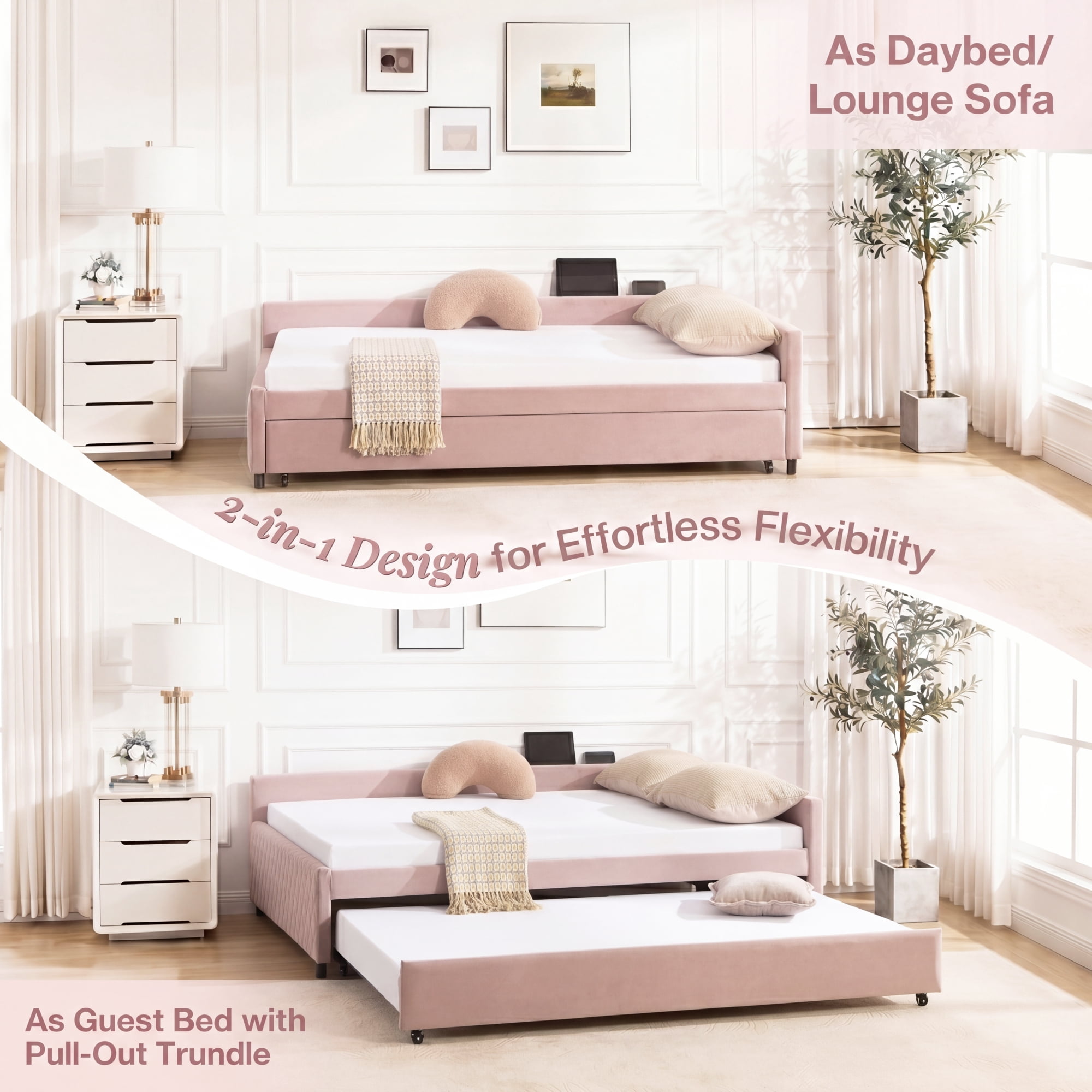 Leumius Upholstered Daybed with Trundle,Sturdy Wooden Bed Frame, Modern Diamond Grid Design for Bedroom Guest Room (Pink)