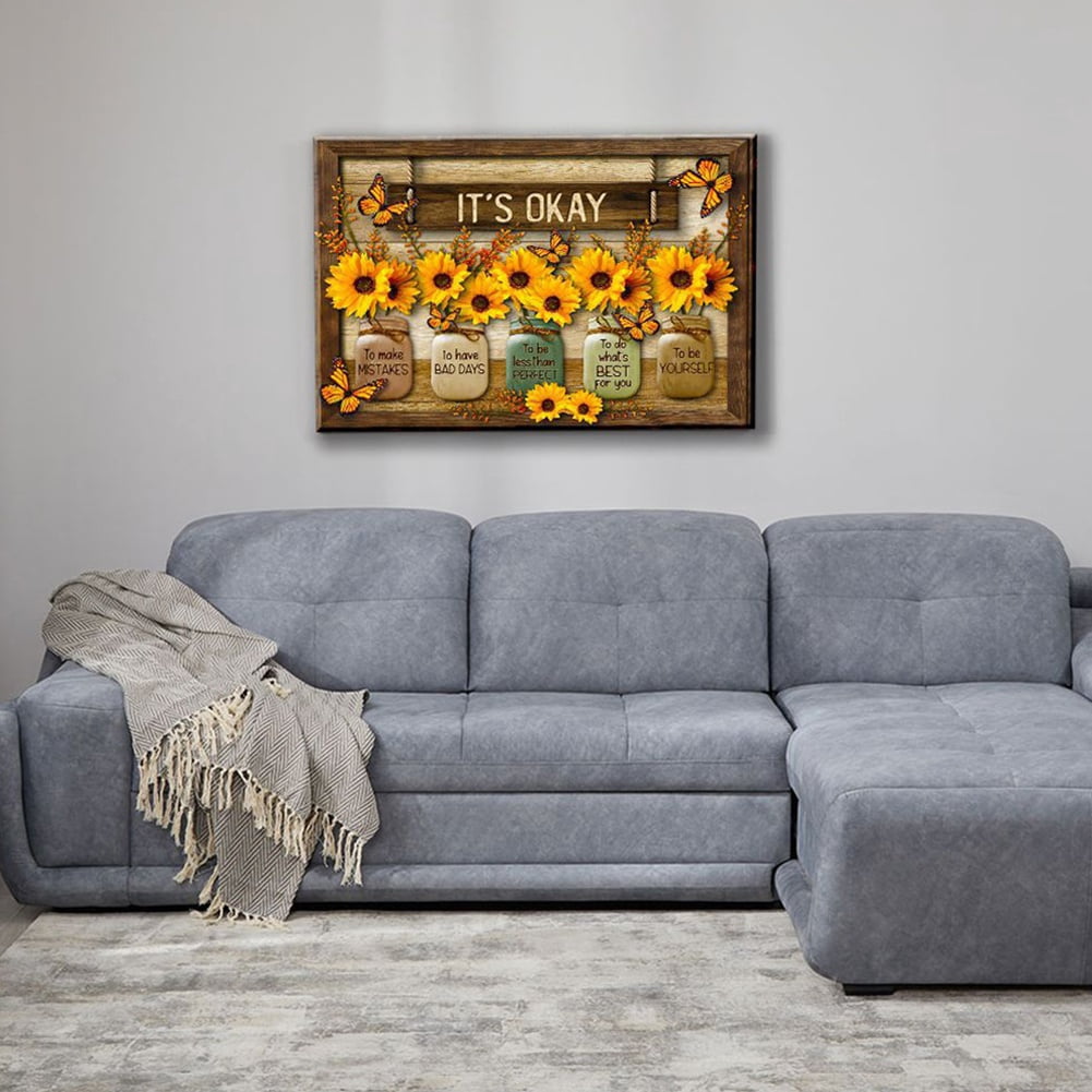 Sunflower Wall Art It's Okay Inspirational Quotes Canvas Print Wall Decor Sunflower Painting Picture Contemporary Artwork For Living Room Bedroom Bathroom Office Home Decor 12x18Inch (With Frame)