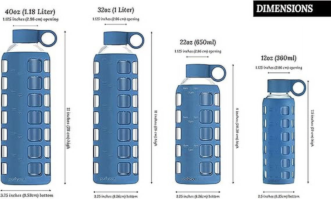 purifyou 40/32/22/12 oz Borosilicate Glass Water Bottles with Volume & Times to Drink, Silicone Sleeve & Stainless Steel Lid Insert, Reusable Bottle for Fridge Water, Juice (40oz Chinese Porcelain)