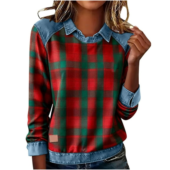 Yteetum Women's Plaid Print Sweatshirts Oversized Lapel Denim Patchwork Stitching Pullover Top Womens Casual Plus Size Turndown Collared Loose Long Sleeve T Shirts Trendy Retro Streetwear Sweatshirt