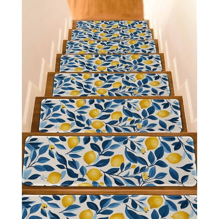 Lemon Stair Treads for Wooden Steps Indoor Runner Rug Carpet Watercolor Yellow Blue Fruit Branch Flower 4 Pieces Peel and Stick Staircase Step Treads Covers Washable Throw Door Mats 30 x8