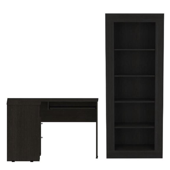 Home Square 2-Piece Set with L-Shaped Desk and 5 Shelves Bookcase in Black