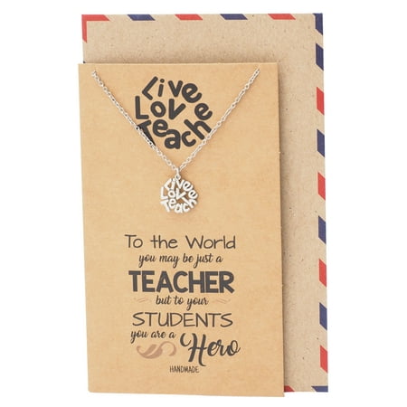 Quan Jewelry Live Love Teach Pendant Necklace, Best Gift for Teachers, Appreciation Gifts with Inspirational Quote on Greeting