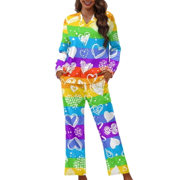 Renewold Women Winter Button Down Pajama Sleepwear Set of 2 Rainbow Stripes Hearts Print Pajamas Long Pants with Big Pockets Size M Durable Pjs for Walking Jogger