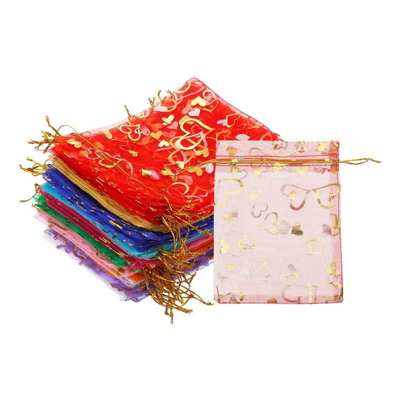 100 Pcs 5x7 Inch Heart Printed Organza Bags, Gold/Red/Navy Blue/Lake Blue/Rose Red/Pink/Purple/White/Orange/Green Sheer Bags for Christmas Jewelry Party Wedding Favor Gift