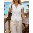 thumbnail image 5 of Women Puff Short Sleeve Button Down Shirt Collared Ruched Fitted Blouse, 5 of 6