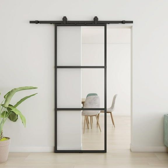 36in x 84in Glass Barn Door, Clear Tempered Glass Carbon Steel Pre Drilled Frame Sliding Barn Door Panel with 6