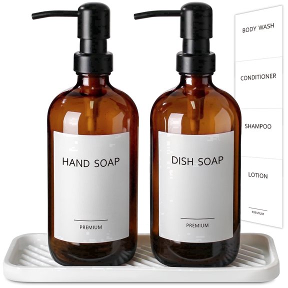 GM GMISUN Kitchen Glass Soap Dispenser Set with Tray, 16 oz Amber Lotion and Conditioner Bottles for Kitchen and Bathroom