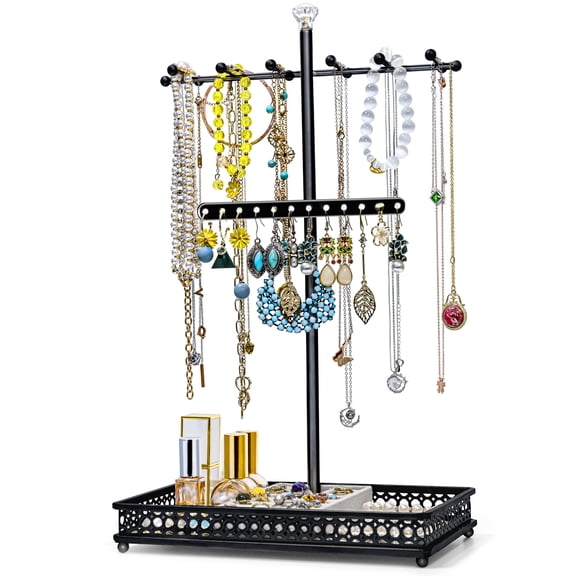 Meangood Jewelry Tree Stand Organizer 3 in 1 Necklace Organizer Display Bracelet Earrings and Ring Tray Jewelry Holder Hanger Metal, Black