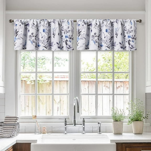 2 Pack Blackout Window Valance, 18 Inches Long Kitchen Window Curtains Over Sink Rod Pocket Pattern Valance for Bathroom Bedroom Living Room, Blue & Grey