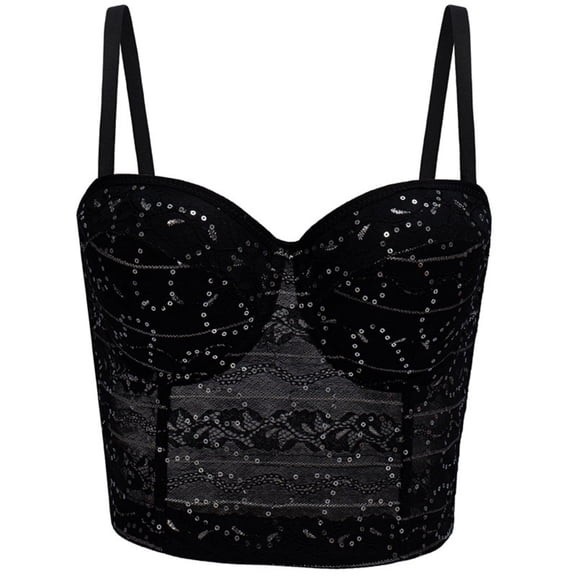 LNWUY Women's Lace Print Bustier Corset With Chest Pad, Underwire Spaghetti Strap Going Out Clubwear Party Tops Black 40