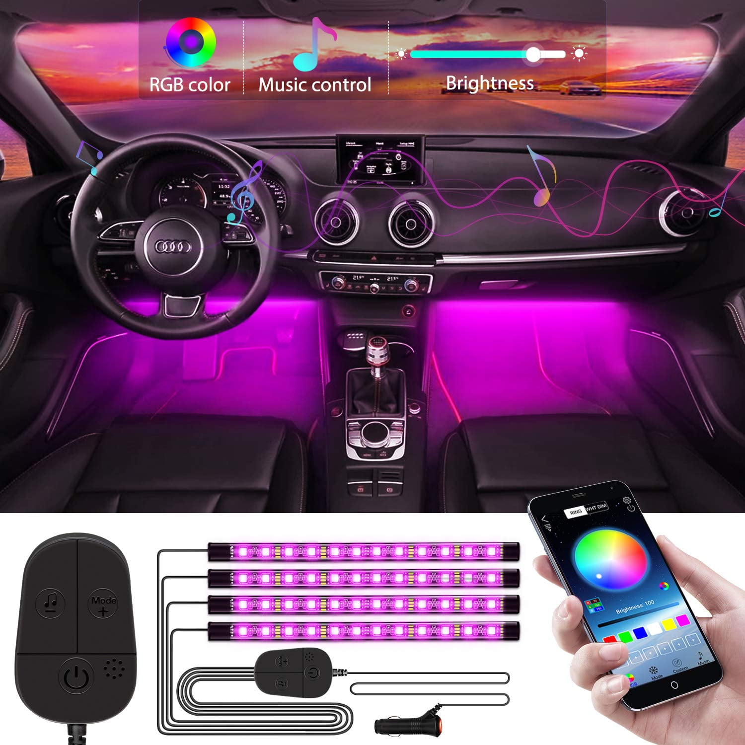 WILLED Interior Car Lights, Upgraded with Controller and APP, Waterproof  Multi DIY Color Music Under Dash Car Lighting Kits, Sync with Music, 4pcs  48 LED Interior Lights with 5V USB Port