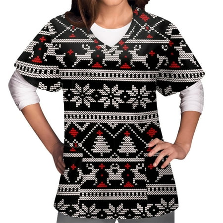 

Christmas Printed Scrub Tops for Women Breathable Uniform Workwear Casual V-Neck T-Shirts Working Uniform Blouse Tee Scrubs with Pockets
