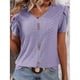 thumbnail image 2 of Camiseta con cuello en V para mujer, mangas cortas de pétalos, botón frontal, blusas sueltas informales, color morado lavanda S, 2 of 5